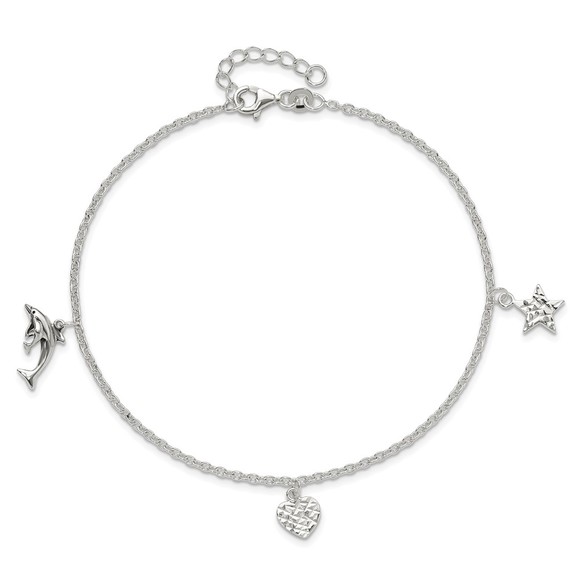 925 Sterling Silver Heart, Star and Dolphin Charms 9" + 1" Ext Jewelry Anklet - Picture 5 of 7